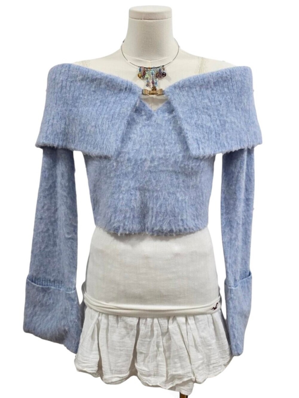 Cult Gaia Light Blue Knit Off The Shoulder Cropped Top